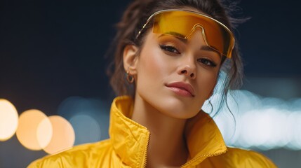 Stylish nighttime street fashion portrait with neon jacket