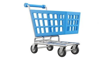 Blue Wire Shopping Cart with Black Wheels — Minimalist Retail Utility Illustration on White Background