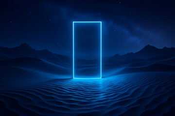 Futuristic Blue Neon Portal in Alien Desert at Night with Starry Sky and Mountains — Surreal Sci-Fi Landscape Illustration