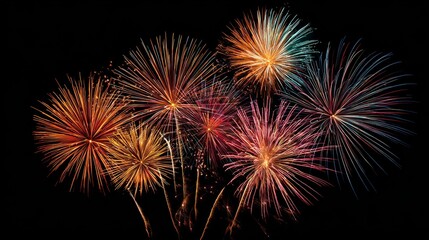 A close-up shot of fireworks exploding in various colors against the night sky, with their sparks creating a dazzling effect