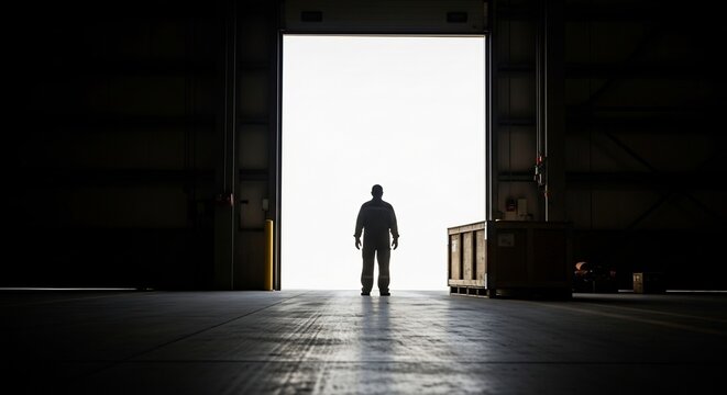 Worker in silhouette stands at a bright warehouse loading dock door, contemplating new opportunities ahead.