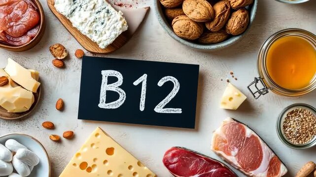 group of products that contain vitamin B12. Selective focus. food.