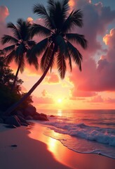 silhouetted palm tree tropical sunset beach horizon scenic view ocean serenity paradise calm relaxation, sky, landscape, cloud, water, evening, wilderness, sand