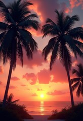 Fototapeta premium silhouetted palm trees vibrant sunset sky tropical paradise warm colors nature, horizon, orange, red, blue, clouds, evening, landscape, reflection