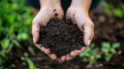 hands carrying  fertilize soil