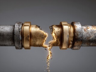 Corroded metal pipes with golden connectors violently broken amid sparks revealing structural failure and aging infrastructure