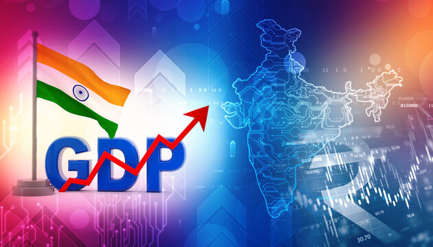 India GDP Growing, increasing Indian GDP and Rising arrow going up with Indian flag on financial economy background, Future of Indian Economy. 3D illustration