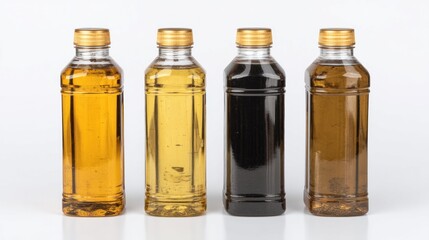 Assorted liquid bottles, various colors and translucent filled containers