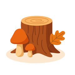 A vibrant illustration features a wooden stump and two orange mushrooms alongside a yellow leaf, capturing a playful representation of nature's elements