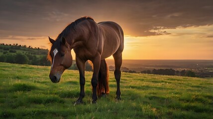 A majestic brown horse stands gracefully on a green field at sunset, bathed in golden light.