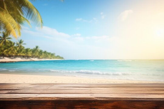 Wooden table top on blurred seascape background with palm trees and white sand beach at sunset