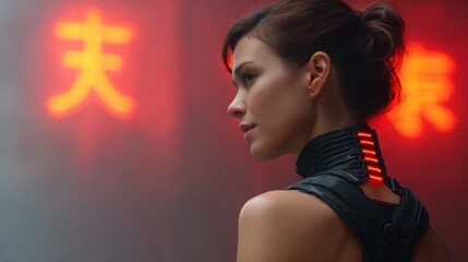 Woman with cybernetic spine walking in futuristic city environment