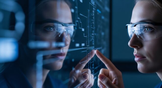 Young woman interacting with innovative transparent digital screen displaying technological data in a futuristic environment for research.