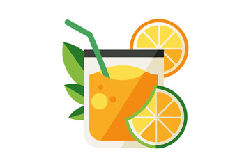Download this vibrant and refreshing orange juice vector illustration featuring a tall glass filled with bright orange juice and garnished with a lemon slice.