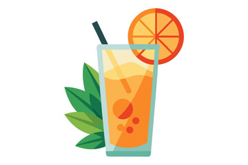 Download this vibrant and refreshing orange juice vector illustration featuring a tall glass filled with bright orange juice and garnished with a lemon slice.