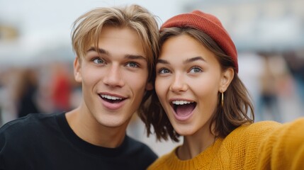 Young couple filming street prank for tiktok in urban setting