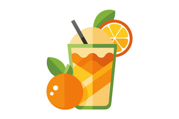 Download this vibrant and refreshing orange juice vector illustration featuring a tall glass filled with bright orange juice and garnished with a lemon slice.