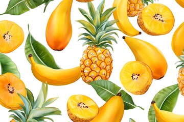Vibrant watercolor tropical fruit pattern: pineapples, bananas, and kiwi.