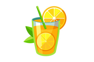 Download this vibrant and refreshing orange juice vector illustration featuring a tall glass filled with bright orange juice and garnished with a lemon slice.