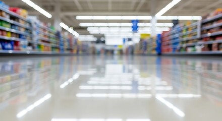 A low-angle, out-of-focus view of a brightly lit supermarket aisle with a shiny, reflective floor.