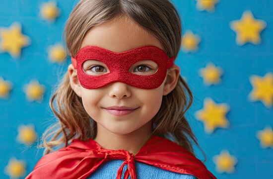 A young girl dressed as a superhero, wearing a red cape and mask, stands against a blue background surrounded by yellow stars. - Powered by Adobe