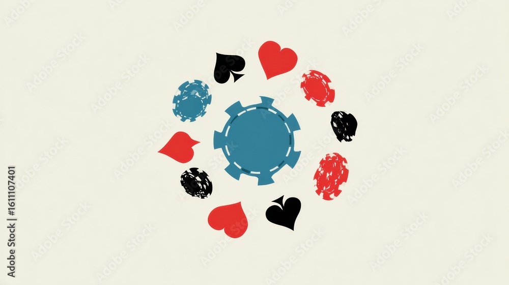 Poster stylized card suit icons orbit around a central chip in a blank top third space, creating a dynamic 
