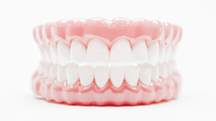 Fototapeta premium A model of teeth with natural white teeth, front view, white background, hyper-realistic photography, advertising style