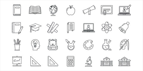 Collection of black line art icons representing education and school supplies learning knowledge