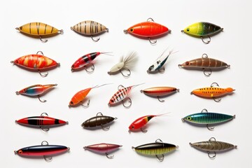 Fototapeta premium Collection of various colorful fishing lures displayed on a white background, creating an eye catching image for fishing enthusiasts