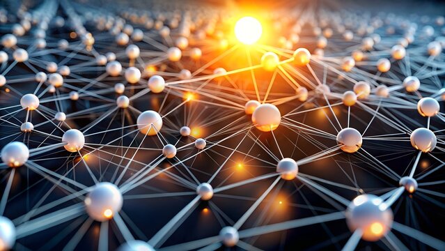 Connected Network of Spheres with Glowing Center Abstract Technology Background