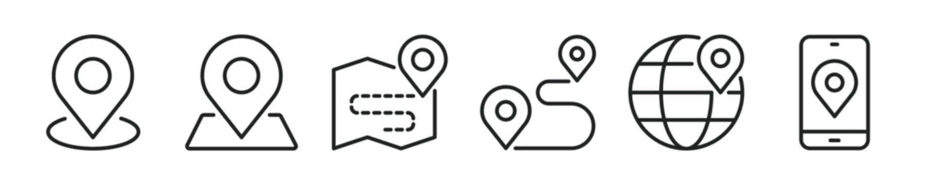Map pin thin line icon set. Navigation, map, GPS minimal editable stroke icons