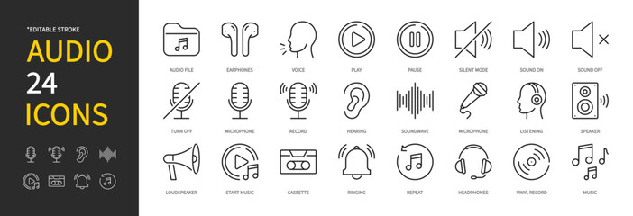 Audio icon set. Audio file, earphones, voice, play, pause, microphone, record, hearing, soundwave, listening, speaker, loudspeaker, headphones, music, etc. Vector illustration. Editable stroke.