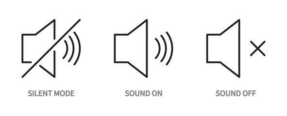 Sound icon set. Silent mode, sound on, sound off, volume, audio symbol. Black line icons collection. Vector illustration. Editable stroke. Flat design. Isolated on a white background.