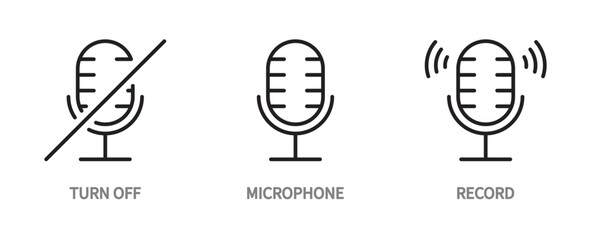 Microphone icon set. Turn off, record, podcast, audio, sound symbol. Vector illustration. Flat design. Editable stroke. Isolated on a white background. 