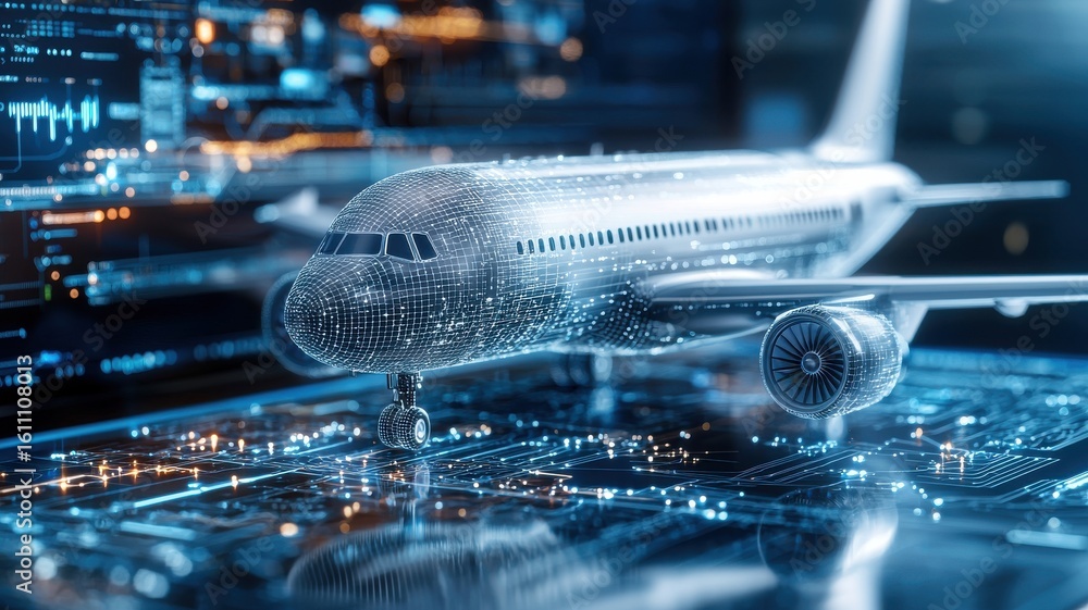 Poster a digital wireframe model of an airplane is displayed over a futuristic circuit board, symbolizing a