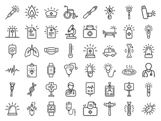 Medical Healthcare Line Icons Set Syringe, Stethoscope, Hospital Equipment, Organ, and Doctor Symbols with Bright Glowing Accents for Modern Design