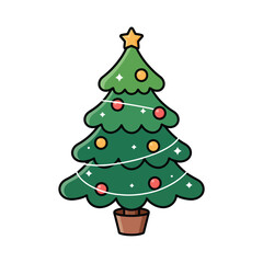Cute cartoon christmas tree with lights and ornaments
