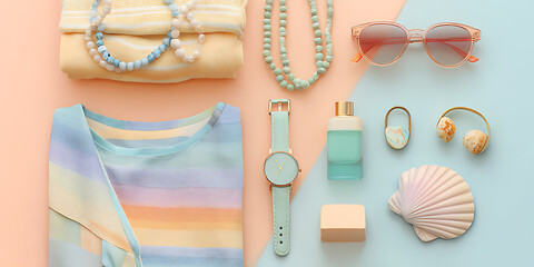 Summer Essentials Laid Out on a Pastel Background	
