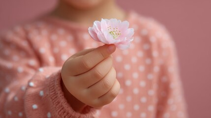Child's hand offering flower petal indoor close-up soft lighting