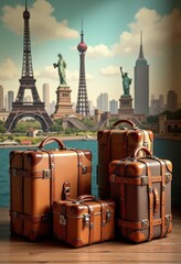 Naklejka premium stunning luggage display iconic landmarks capturing adventure memories vatious textures backgrounds, cityscape, tourism, travel, vacation, journey, exploration