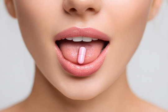 A woman has a pink capsule on her tongue, lips slightly parted against a neutral background