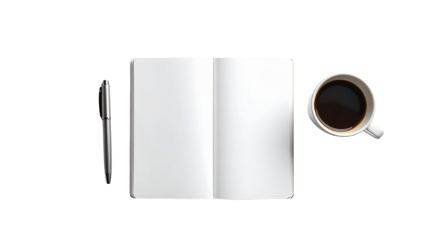 pen, opened white notebook and a cup of coffee on transparent background