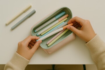 girl hands organizing pastel pencil case with pens and markers on white desk top view back to school concept of order preparation learning