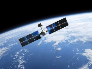 engineer aerospace analysis Concept. A satellite orbits Earth, showcasing the planet's blue surface and white clouds.