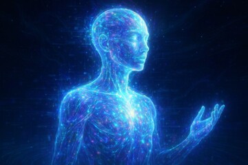 Digital humanoid figure illuminated with blue particles in space  