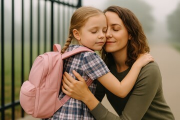 young girl hugging mom at school gate eyes closed emotional goodbye moment back to school concept of family confidence care motherhood


