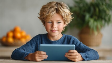 Child engaged with educational tablet app at home cozy environment