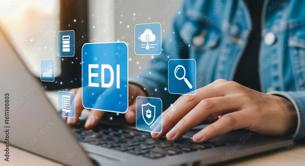 Poster a person is typing on a laptop, with glowing icons representing electronic data interchange edi and 