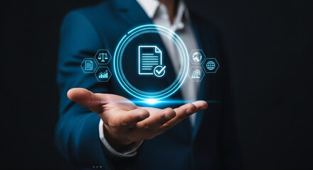 A businessman in a blue suit presents a glowing digital circle with icons representing legal, financial, and data analysis concepts, signifying business compliance and success