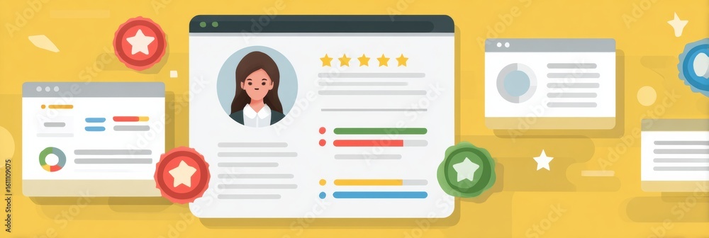 Poster student profile user interface featuring badges and progress bars for gamified learning and interact